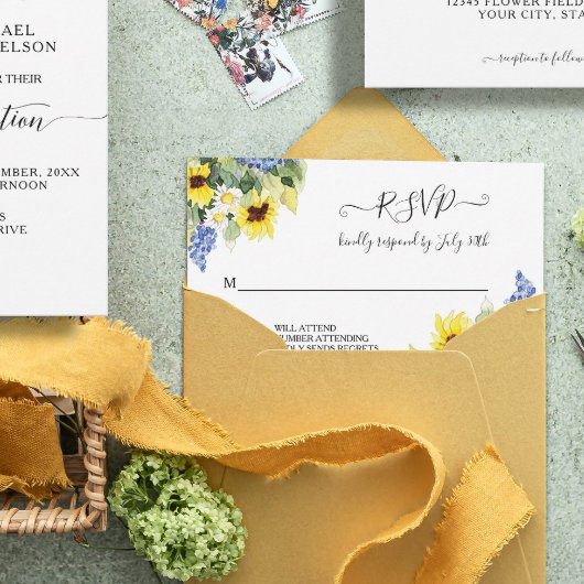 Sunflower Daisy Blue Floral Rustic Waterverf RSVP