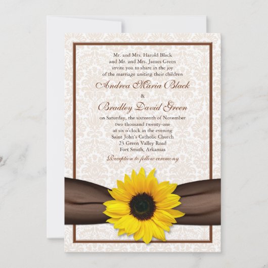 Sunflower Damask Floral Wedding Invitation Kaart (Voorkant)