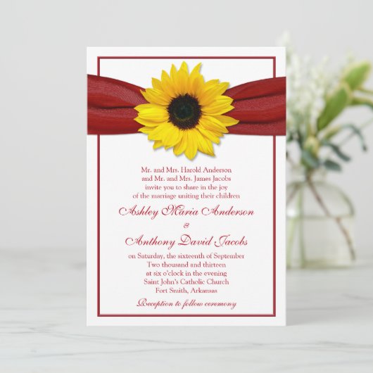 Sunflower Deep Red Ribbon Weddenschap Kaart (Staand voorkant)
