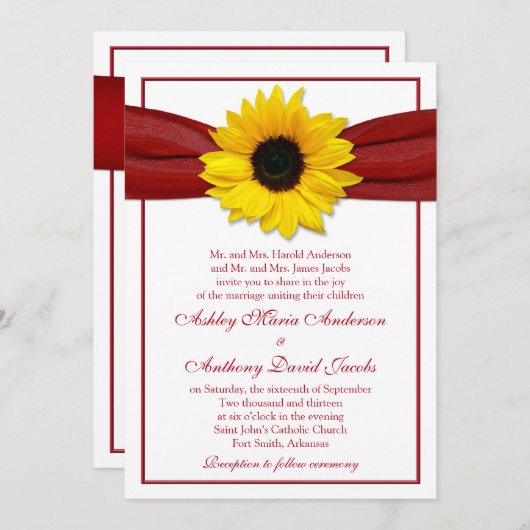 Sunflower Deep Red Ribbon Weddenschap Kaart (Voorkant / Achterkant)