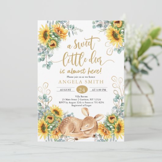 Sunflower Deer Baby shower Invitation (Staand voorkant)
