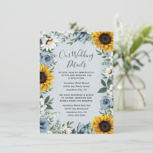 Sunflower Dusty Blue Country Rustige Rozen Weddens Informatiekaartje (Staand voorkant)