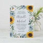 Sunflower Dusty Blue Country Rustige Rozen Weddens Kaart (Staand voorkant)
