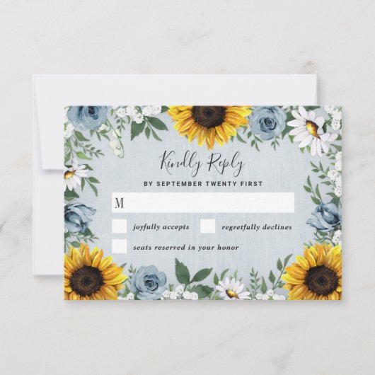 Sunflower Dusty Blue Country Rustige Rozen Weddens RSVP Kaartje (Voorkant)