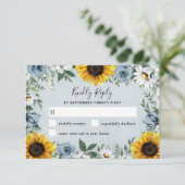 Sunflower Dusty Blue Country Rustige Rozen Weddens RSVP Kaartje (Staand voorkant)
