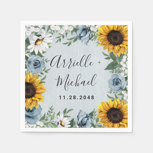 Sunflower Dusty Blue Country Rustige Rozen Weddens Servet (Voorkant)