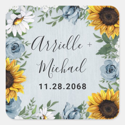 Sunflower Dusty Blue Country Rustige Rozen Weddens Vierkante Sticker (Voorkant)