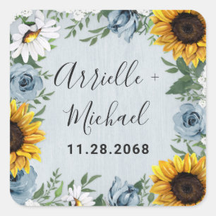 Sunflower Dusty Blue Country Rustige Rozen Weddens Vierkante Sticker