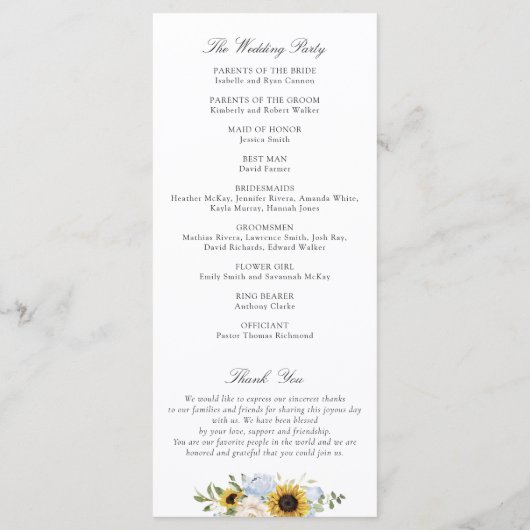 Sunflower Dusty Blue Floral Rustic Wedding Program Programmakaart (Achterkant)