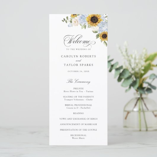 Sunflower Dusty Blue Floral Rustic Wedding Program Programmakaart (Staand voorkant)