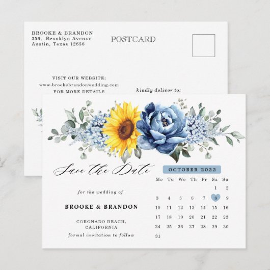 Sunflower Dusty Blue Peony Calendar Save the Date Briefkaart (Voorkant / Achterkant)