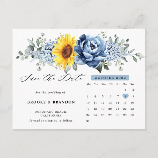 Sunflower Dusty Blue Peony Calendar Save the Date Briefkaart (Voorkant)