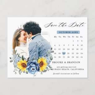 Sunflower Dusty Blue Peony Calendar Save the Date Briefkaart