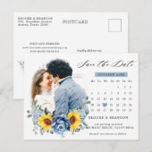 Sunflower Dusty Blue Peony Calendar Save the Date Briefkaart (Voorkant / Achterkant)