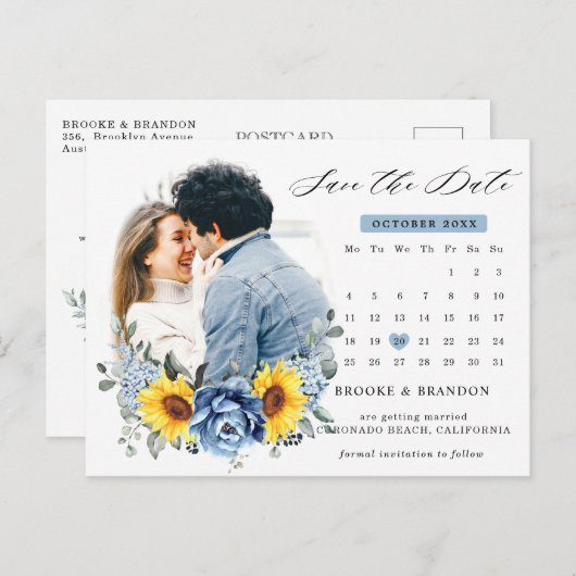 Sunflower Dusty Blue Peony Calendar Save the Date Briefkaart (Voorkant / Achterkant)
