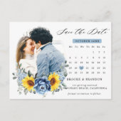 Sunflower Dusty Blue Peony Calendar Save the Date Briefkaart (Voorkant)