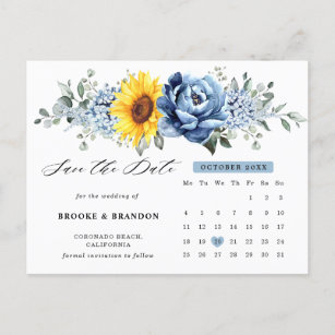 Sunflower Dusty Blue Peony Calendar Save the Date Briefkaart