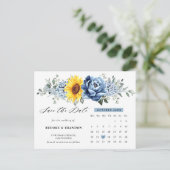 Sunflower Dusty Blue Peony Calendar Save the Date Briefkaart (Staand voorkant)
