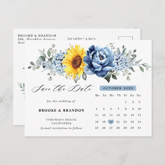 Sunflower Dusty Blue Peony Calendar Save the Date Briefkaart (Voorkant / Achterkant)