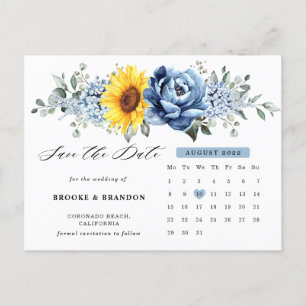 Sunflower Dusty Blue Peony Calendar Save the Date Briefkaart