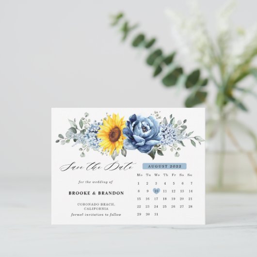 Sunflower Dusty Blue Peony Calendar Save the Date Briefkaart (Staand voorkant)