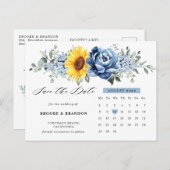 Sunflower Dusty Blue Peony Calendar Save the Date Briefkaart (Voorkant / Achterkant)