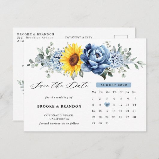 Sunflower Dusty Blue Peony Calendar Save the Date Briefkaart (Voorkant / Achterkant)