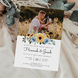 Sunflower Dusty Blue Rustic Photo Wedding Kaart