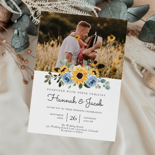 Sunflower Dusty Blue Rustic Photo Wedding Kaart