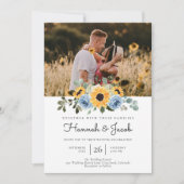 Sunflower Dusty Blue Rustic Photo Wedding Kaart (Voorkant)