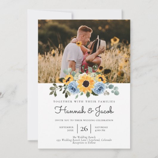 Sunflower Dusty Blue Rustic Photo Wedding Kaart (Voorkant)