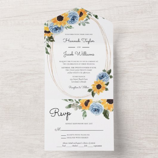 Sunflower Dusty Blue Rustic Rozen Wedding All In One Uitnodiging (Binnen)