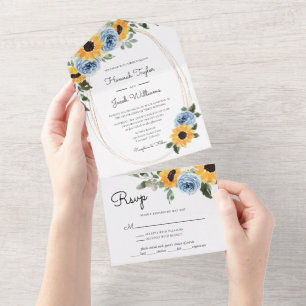 Sunflower Dusty Blue Rustic Rozen Wedding All In One Uitnodiging
