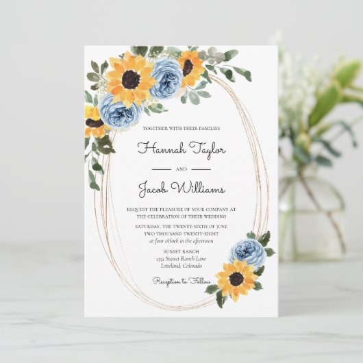 Sunflower Dusty Blue Rustic Rozen Wedding Kaart (Staand voorkant)
