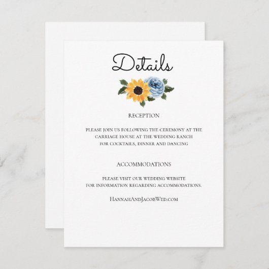 Sunflower Dusty Blue Rustic Wedding Informatiekaartje (Voorkant / Achterkant)