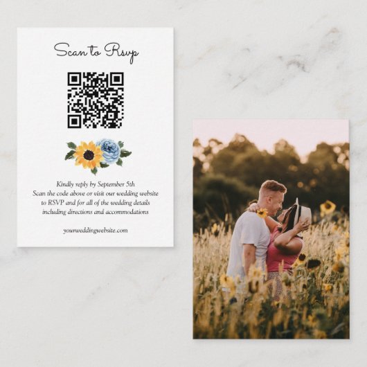 Sunflower Dusty Blue Rustic Wedding QR Code RSVP Informatiekaartje (Voorkant / Achterkant)