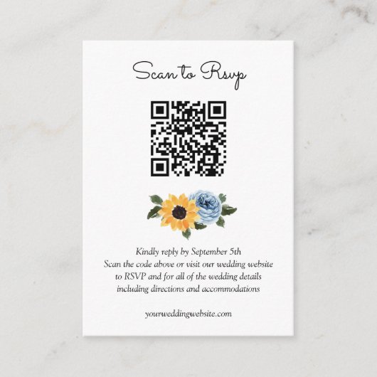 Sunflower Dusty Blue Rustic Wedding QR Code RSVP Informatiekaartje (Voorkant)