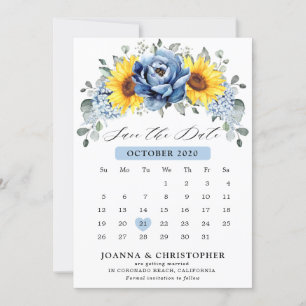 Sunflower Dusty Blue Slate Peony Floral Calendar Save The Date