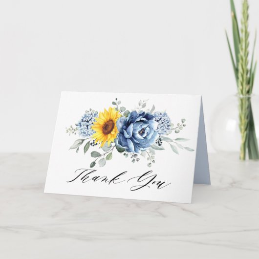 Sunflower Dusty Blue Slate Peony Floral Wedding Bedankkaart (Voorkant)