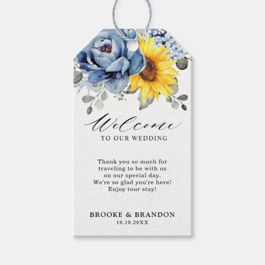 Sunflower Dusty Blue Slate Peony Floral Wedding Cadeaulabel (Voorkant)