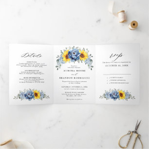 Sunflower Dusty Blue Slate Peony Floral Wedding Drieluik Aankondiging
