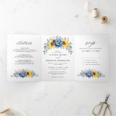 Sunflower Dusty Blue Slate Peony Floral Wedding Drieluik Aankondiging (Binnen)