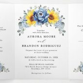 Sunflower Dusty Blue Slate Peony Floral Wedding Drieluik Aankondiging (Binnenkant midden)