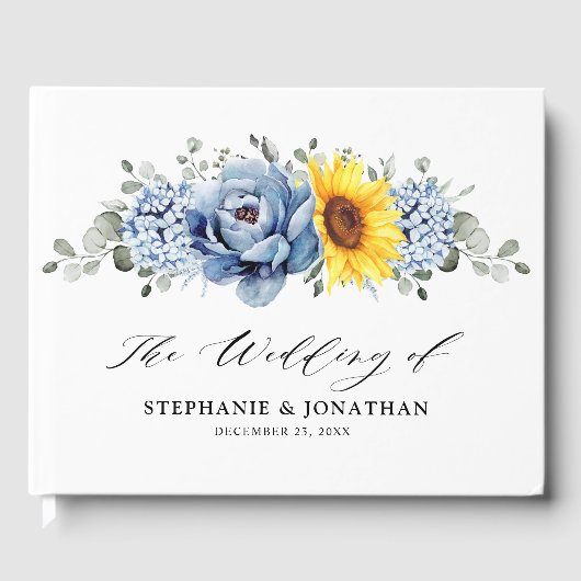 Sunflower Dusty Blue Slate Peony Floral Wedding Gastenboek (Voorkant)