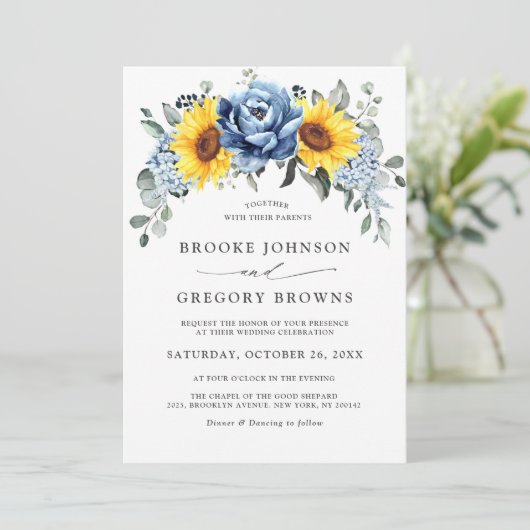 Sunflower Dusty Blue Slate Peony Floral Wedding Kaart (Staand voorkant)