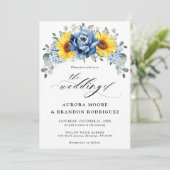 Sunflower Dusty Blue Slate Peony Floral Wedding Kaart (Staand voorkant)