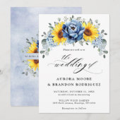 Sunflower Dusty Blue Slate Peony Floral Wedding Kaart (Voorkant / Achterkant)