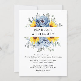 Sunflower Dusty Blue Slate Peony Floral Wedding Kaart