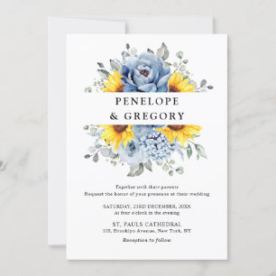 Sunflower Dusty Blue Slate Peony Floral Wedding Kaart
