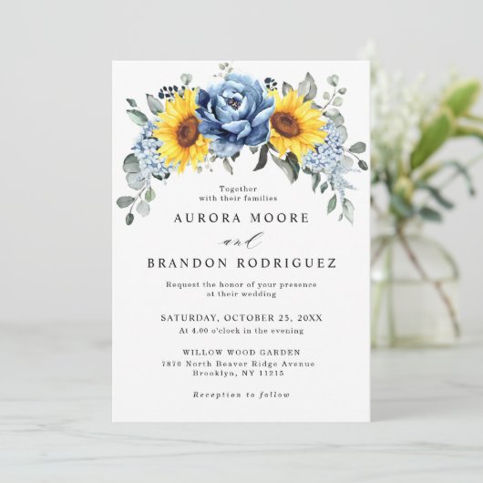 Sunflower Dusty Blue Slate Peony Floral Wedding Kaart (Staand voorkant)